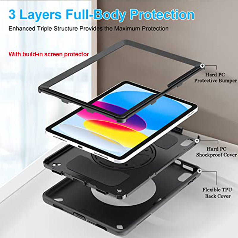 Rugged Case for iPad 10th Gen 2022 10.9‘’ Generic Heavy Duty With Pen Holder(Black Diamond)