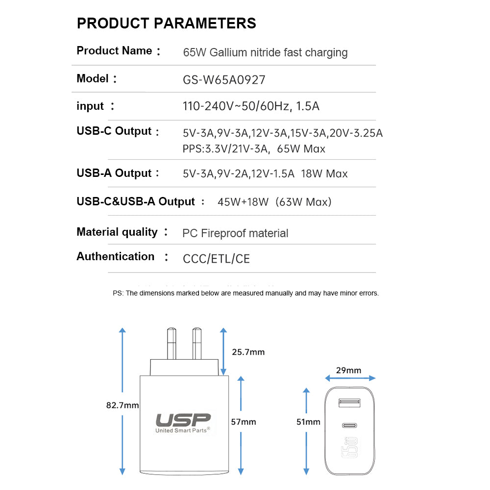 65W GaN 2 Ports USB-C PD Super Fast Laptop Wall Charger USP 2 Years Warranty