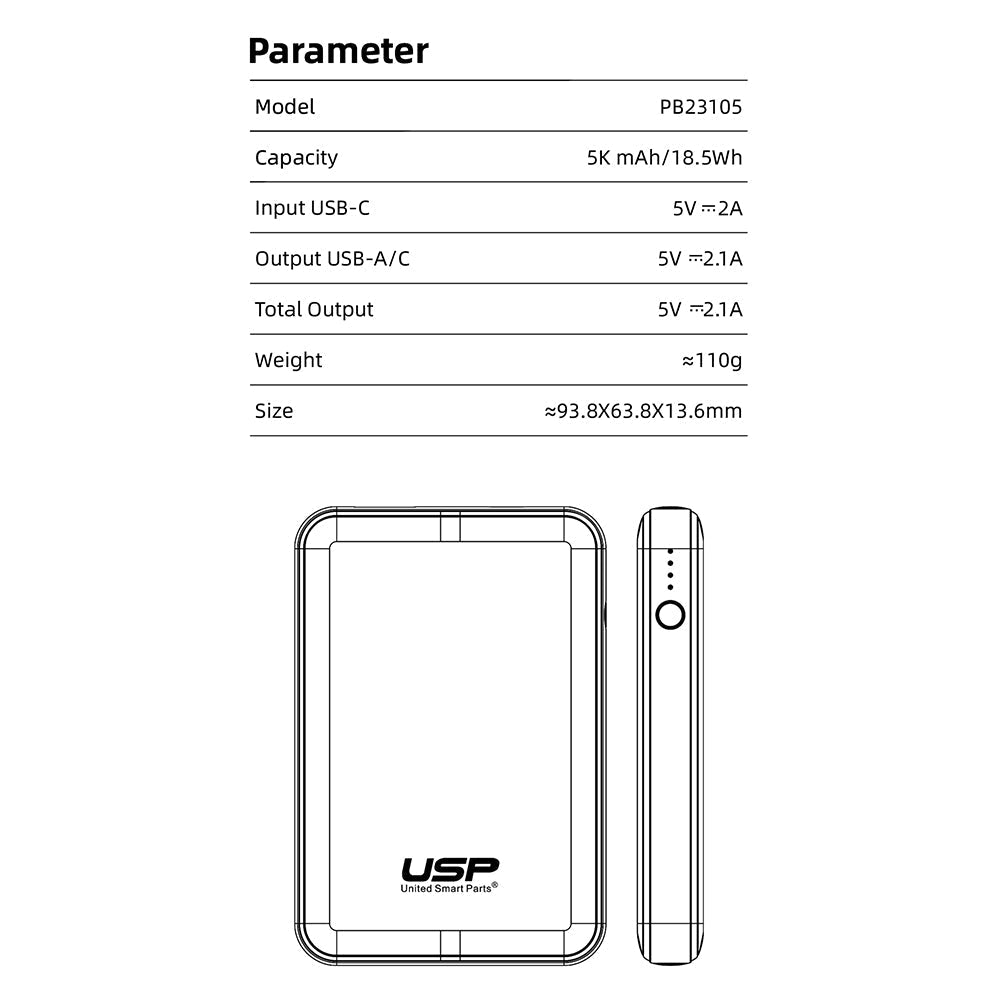 USP Mini Power Bank 5K mAh (5000mAh) White