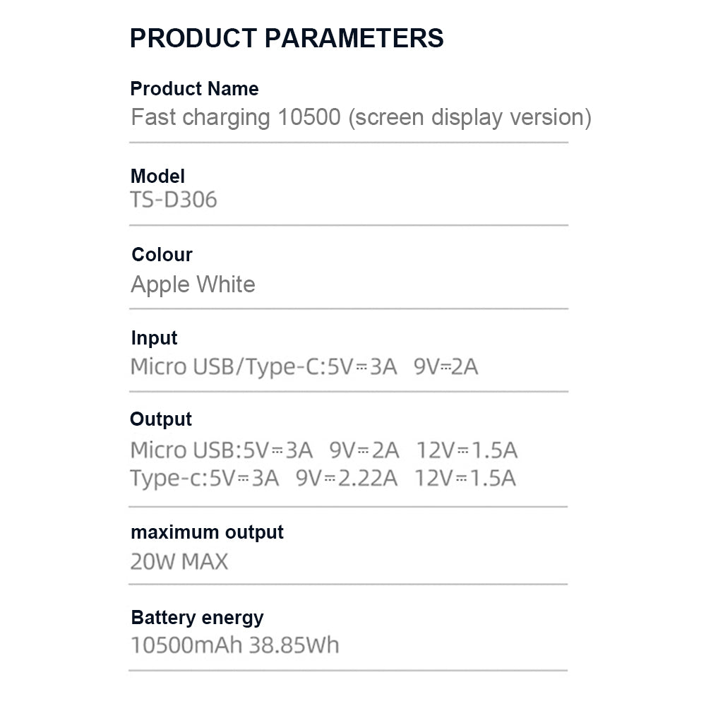 Fast Charge Dual USB Output Power bank 20W 10k (10500)mah LED Display White PISEN