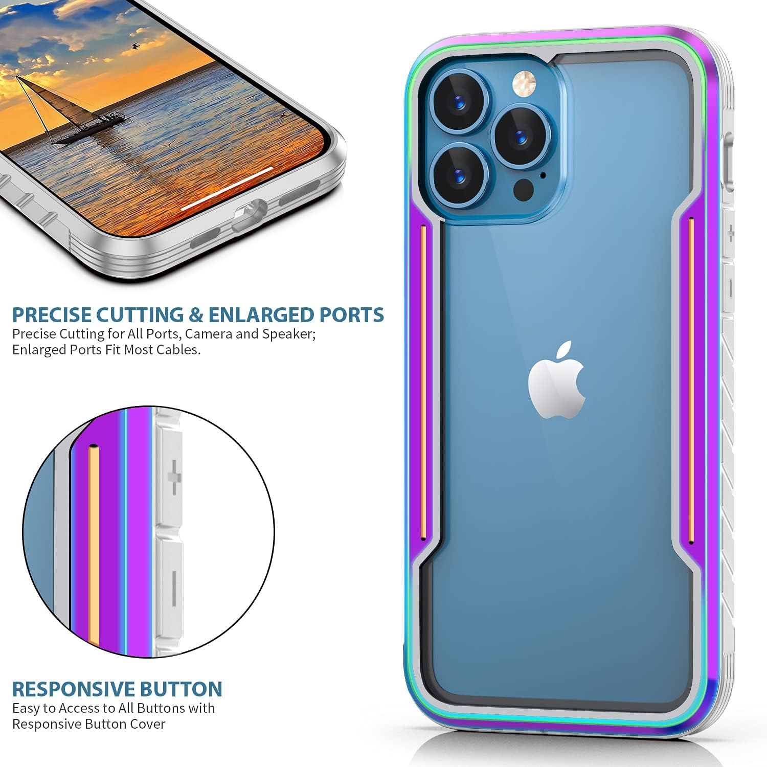 Phonix Aluminum Alloy Frame Case For iPhone 15 Pro Rainbow Clear Case