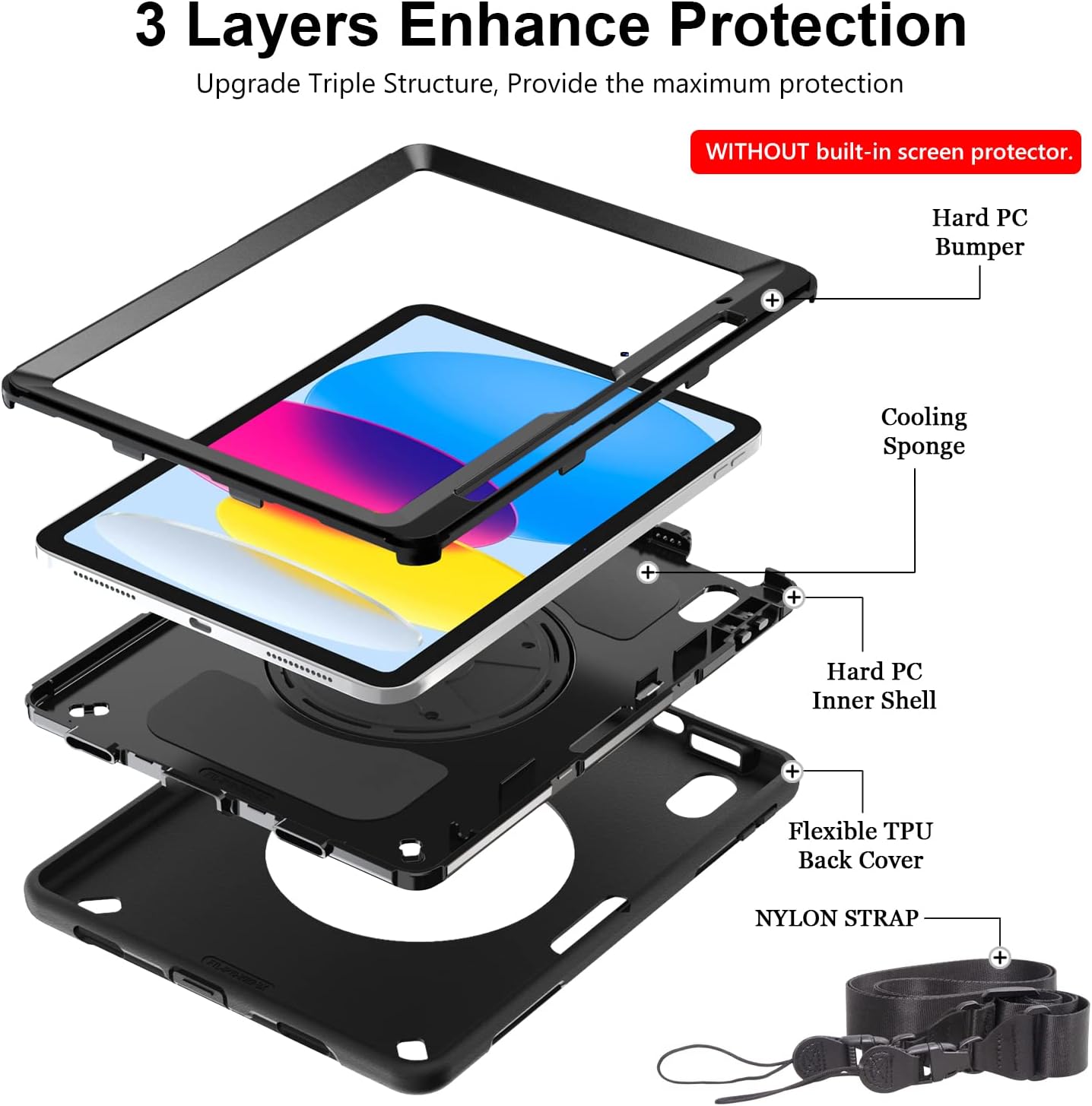 Rugged Case for Galaxy Tab A (2019) (T290/T295) 8.0" Generic Heavy Duty with Pen Holder Screen-Less（Black Diamond）