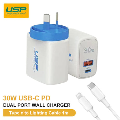 30W USB A + TYPE C  PD Fast Wall Charger with 1M USB-C to Lightning White Cable USP